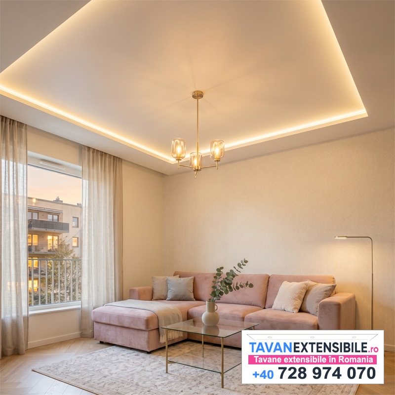 Living cu tavan extensibil cu iluminare LED