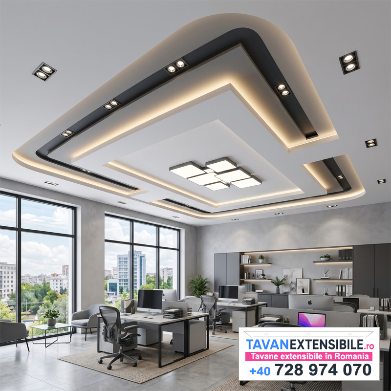 Tavan extensibil pe mai multe niveluri în living — montaj tavane extensibile